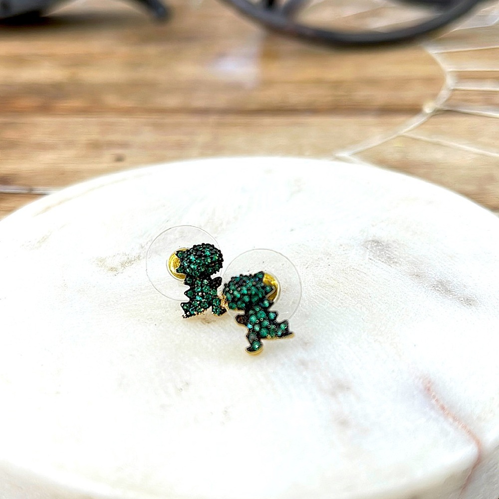 Green Rhinestone Dinosaur Stud Earrings | Gold-Tone Mini Character Jewelry